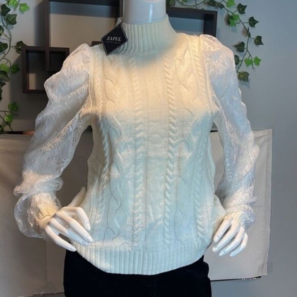 Zaful Mock Neck Cable Knit Lace Mesh Sleeve Ivory Sweater Size 4 - Picture 14 of 16